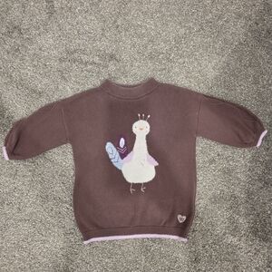 Girls' Brown Peacoat-Print Sweater with Pastel Bird